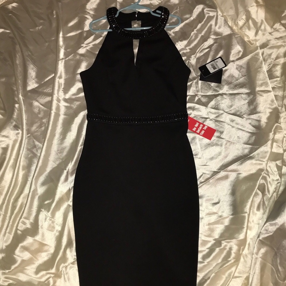 Black bodycon beaded halter top dress